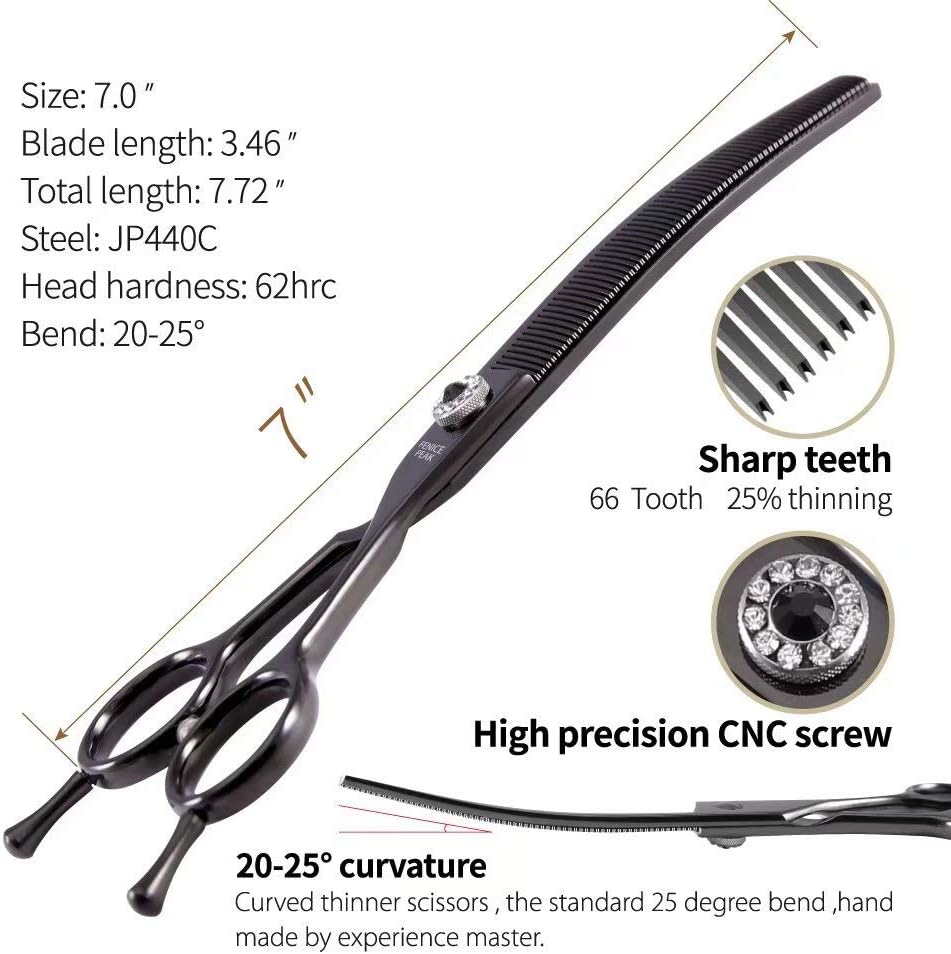 Fenice Peak Professional Dog Grooming Scissors Pet Curved Thinning Shears 7.0'' Extremely Sharp