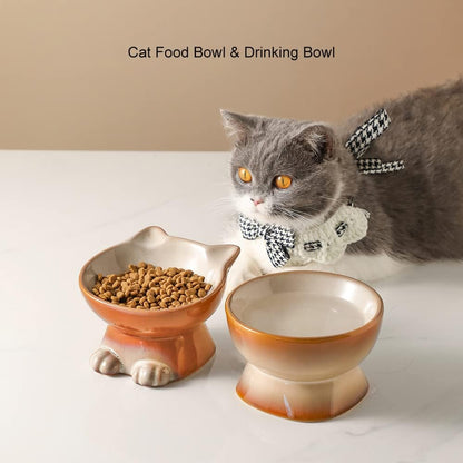 Nihow Elevated Cat/Dog Bowls Set : 5 Inch Ceramic Raised Cat Food & Water Bowl Set for Protecting