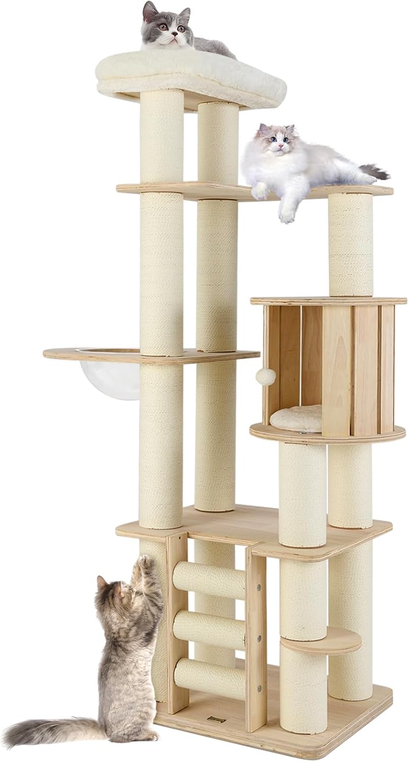 Tangkula 71” Tall Cat Tree, Multi-Layer Wood Cat Tower with Scratching Posts, Perch, Condo, Space