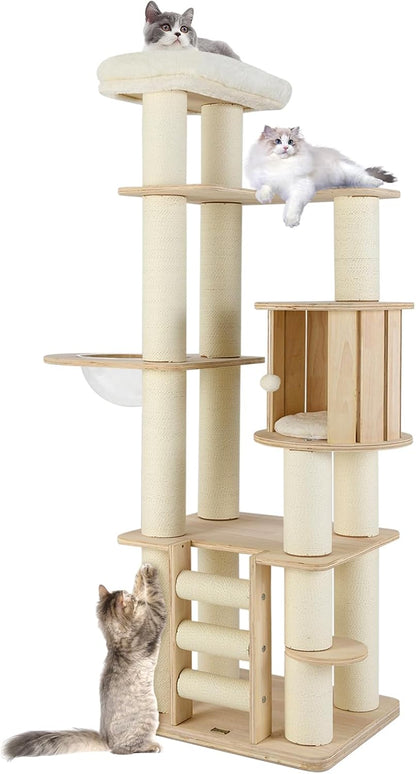 Tangkula 71” Tall Cat Tree, Multi-Layer Wood Cat Tower with Scratching Posts, Perch, Condo, Space