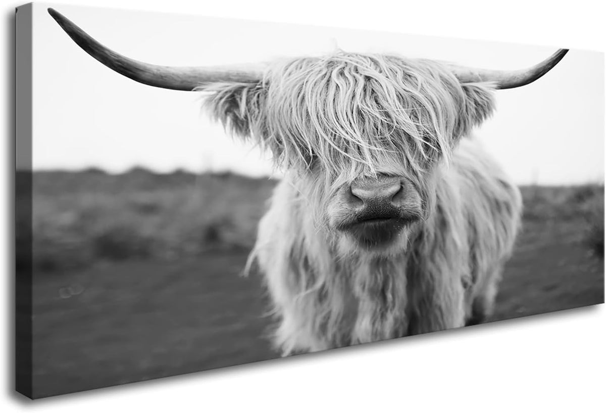 XXMWallArt FC3662 Highland Cow Canvas Art - Black and White Animal Wall Decor for Living Room