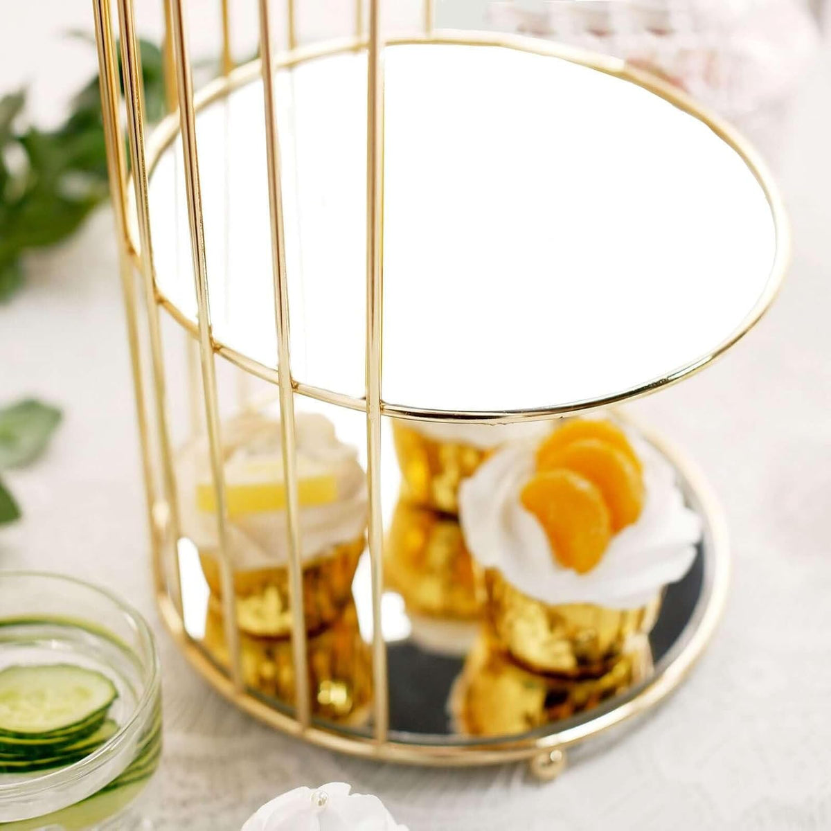 Efavormart 22" - 3 Tier Crystal Mirror Top Gold Metal Bird Cage Cupcake Cake Stand, Dessert Display