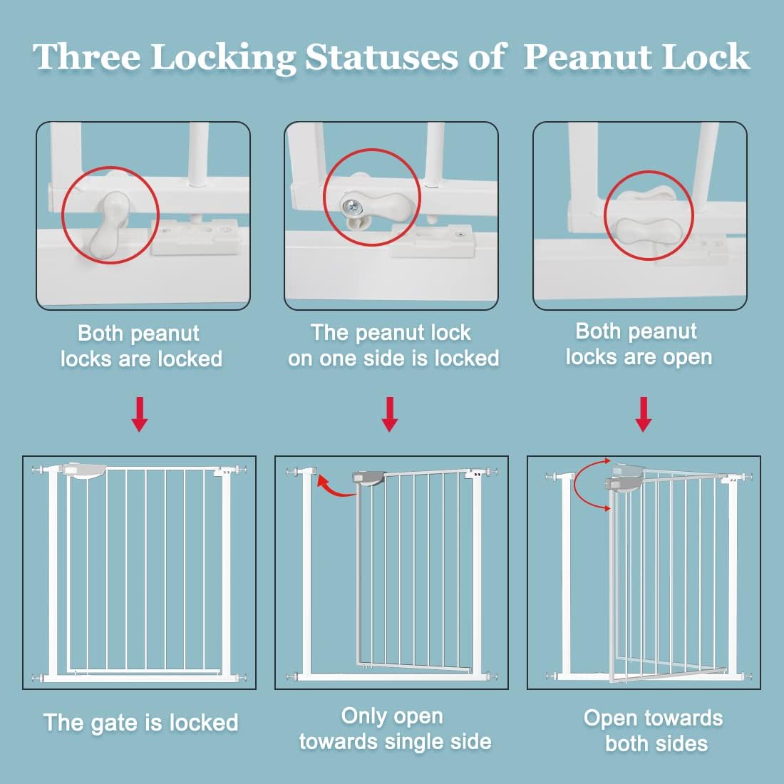 WAOWAO Triple Lock Baby Gate Extra Wide 57.87-62.59" Pressure Mounted Walk Through Swing Auto Close