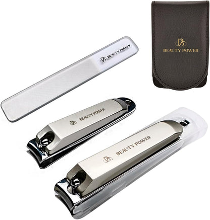 Nail Clippers Set 3 in 1 - Stainless Steel Toe Nail Clippers, Fingernail Clipper, Glass Nail File