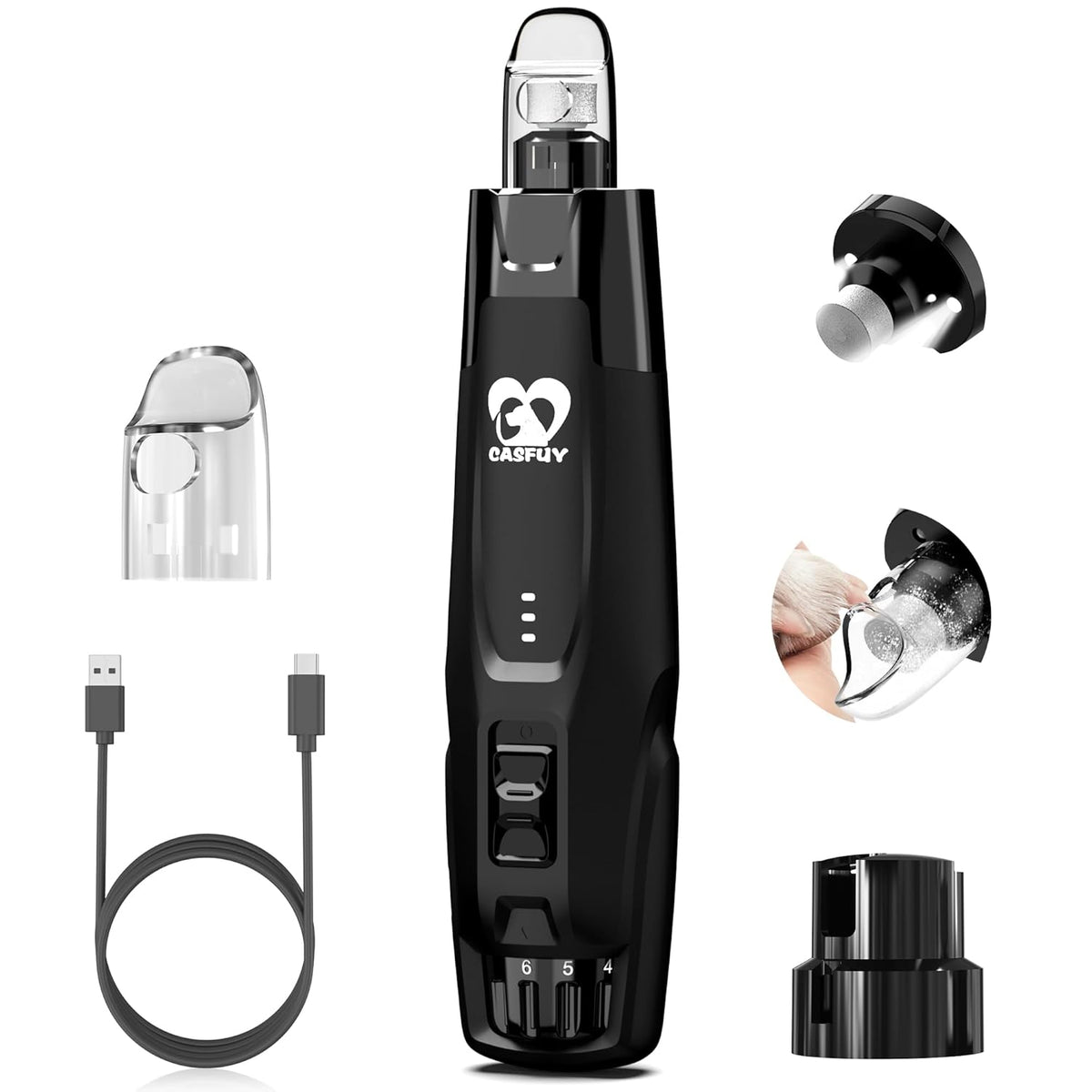 Casfuy New 6-Speed Dog Nail Grinder - 50% More Power Dog Nail Trimmers with 2 LED Lights Quiet 7h