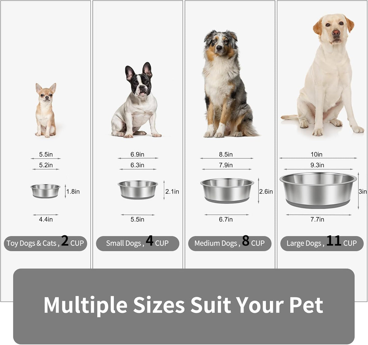 Taglory 4 Cup Stainless Steel Dog Bowls Set of 2 for Food and Water, Silicone Base Anti-Slip, Rust