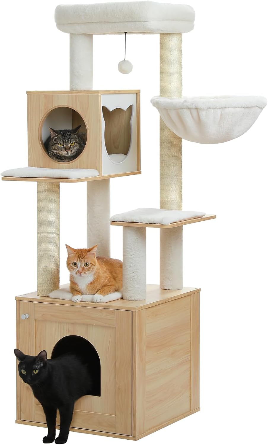 PEQULTI 57.5" Cat Tree with Litter Box Enclosure Large, Wood Cat Tower for Indoor Cats with Storage