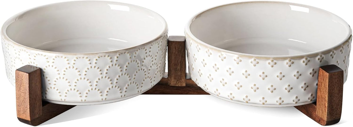LE TAUCI Dog Bowl Set with Acacia Wood Stand - 1.5-Cup Ceramic Puppy Bowls for Small Dogs, Dual