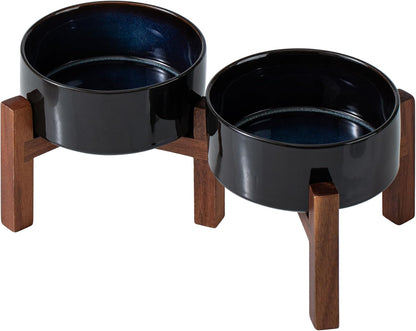 Ceramic 6.1inch Raised Double Dog Bowls Set with Acacia Wood Stand, 2 Heights Elevated, Food &
