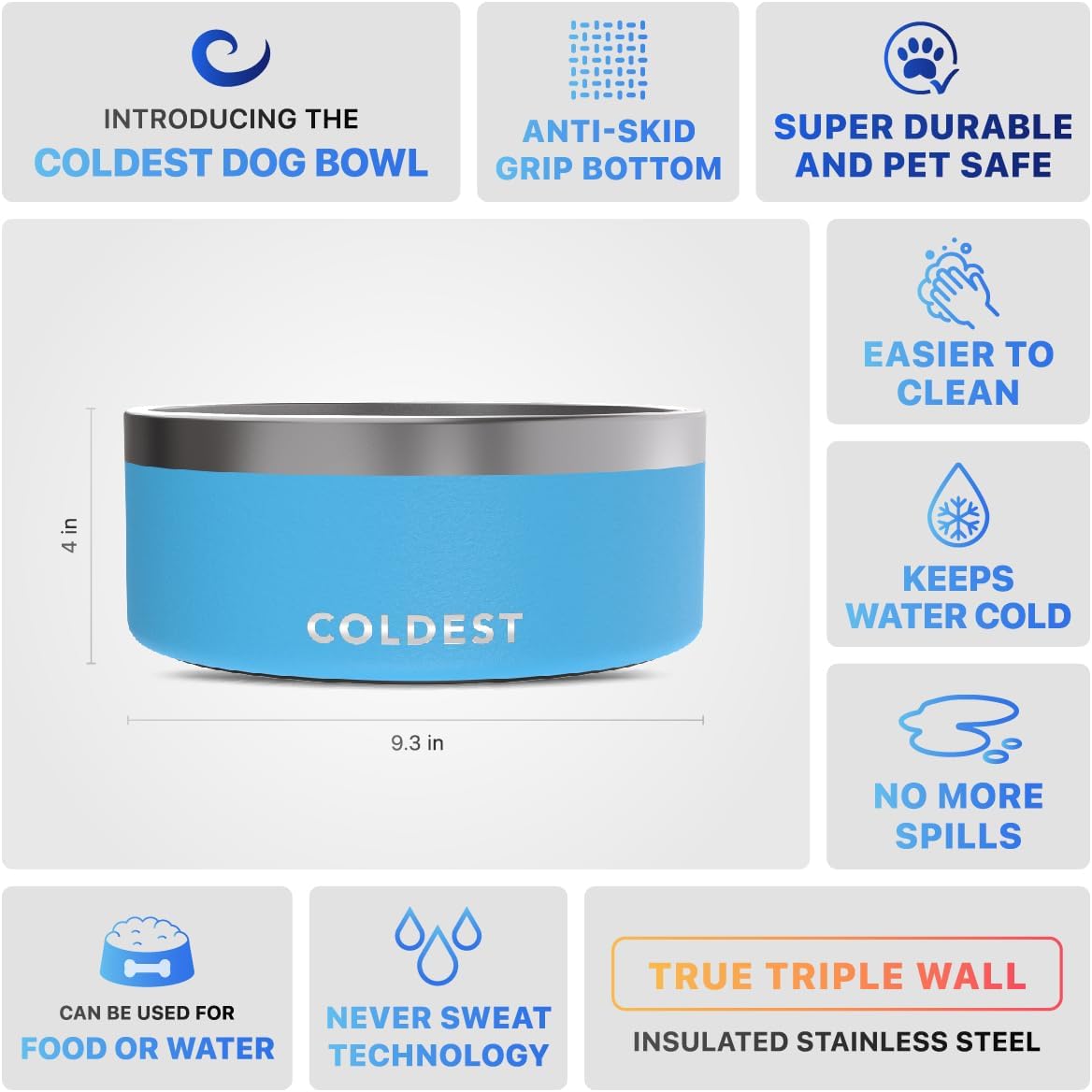 Coldest Dog Bowl - Anti Rust Metal, Non Slip, 3 Layers Insulated Stainless Steel Dog Bowls - Spill