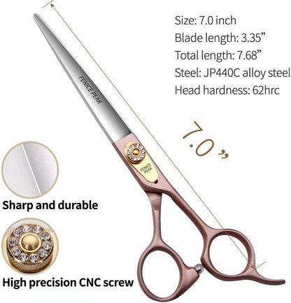 Fenice Peak 7'' Dog Straight Scissors for Grooming 440C Stainless Steel Rose Gold Professional Pet
