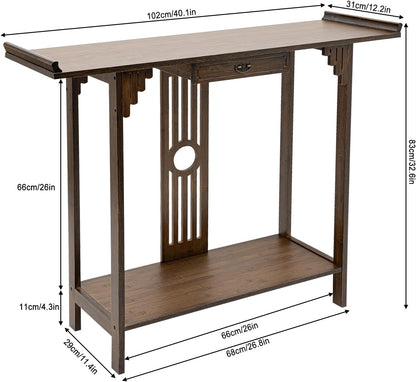 Console Table with Storage Shelves, 2 Tiers L 40.1” Narrow Sofa Table with Drawers, Bamboo Entryway