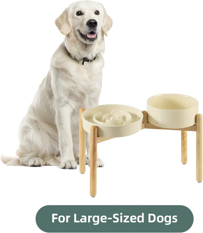 Ceramic Raised Slow Feeder Dog Bowl Set, Elevated 8.2inch Bowl and 9.5inch Puzzle Slow Food Dish