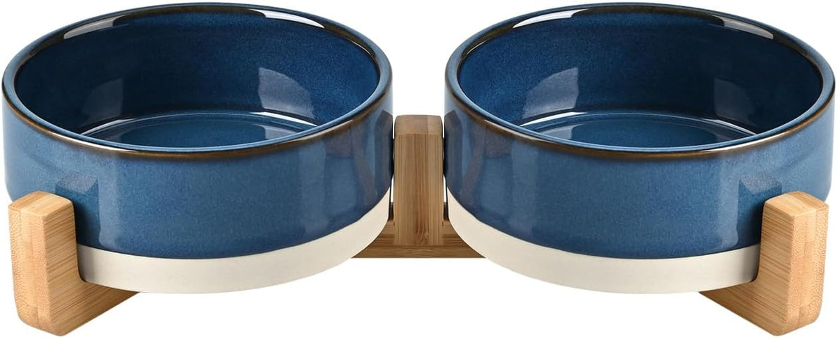 SPUNKYJUNKY Ceramic Dog and Cat Bowl Set with Wooden Stand, Modern Cute Weighted Food Water Bowl
