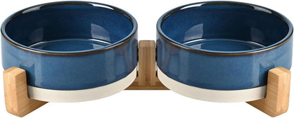 SPUNKYJUNKY Ceramic Dog and Cat Bowl Set with Wooden Stand, Modern Cute Weighted Food Water Bowl