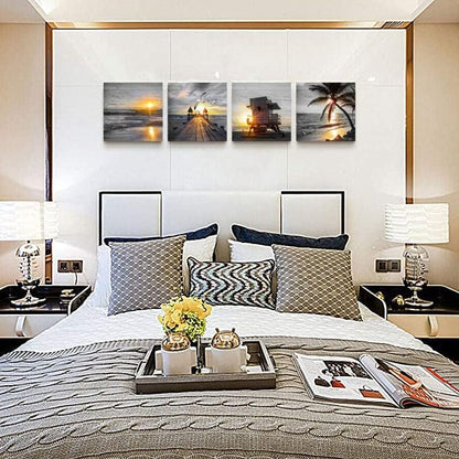 Yxbhhym- Bathroom Wall Art Black and White Gold Beach Wall Art Ocean Canvas Print Sunrise Sunset