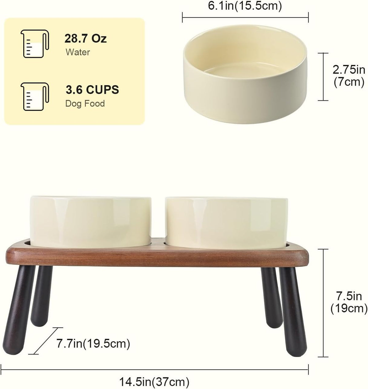 SPUNKYJUNKY Ceramic Elevated Dog Bowls Raised with Acacia Bamboo Wooden Stand, 6.1'' Dog and Cat
