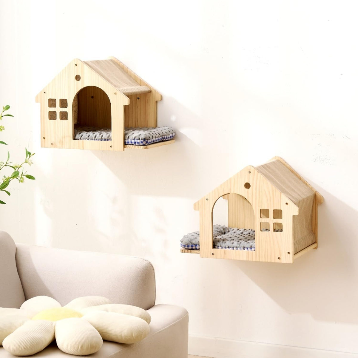 SHENGOCASE Natural Wood Cat Wall Shelves Bed, 2-Pack, Wall-Mounted Box House Perch, Cat Condo