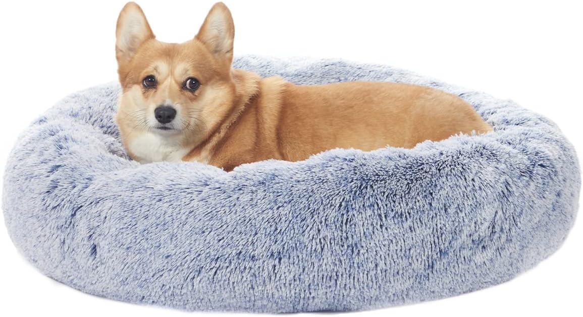 Bedfolks Calming Donut Dog Bed, 30 Inches Round Fluffy Dog Beds for Medium Dogs, Anti-Anxiety Plush