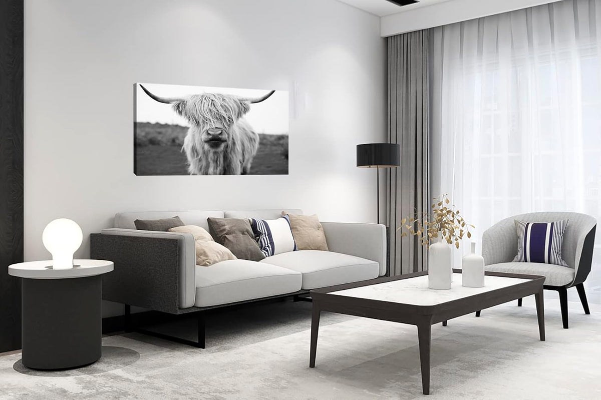 XXMWallArt FC3662 Highland Cow Canvas Art - Black and White Animal Wall Decor for Living Room
