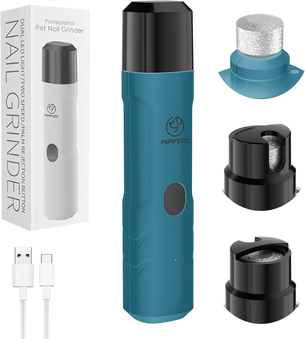 PAPIPAFFEED Dog Nail Grinder Upgraded with 2 LED Lights, 3-Speed Rechargeable & Quiet - Upgraded