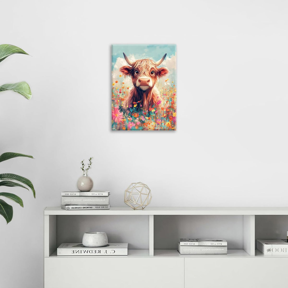 Highland Cow Wall Art Canvas Flower Cattle Wall Decor Prints Framed Painting Animal Pictures Gifts