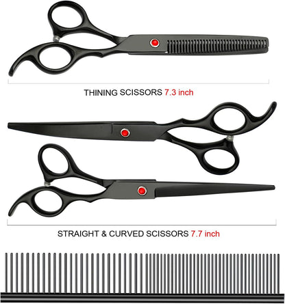 Professional Dog Grooming Scissors Set Stainless Steel Dog Grooming Kit - Thinning, Curved Scissors