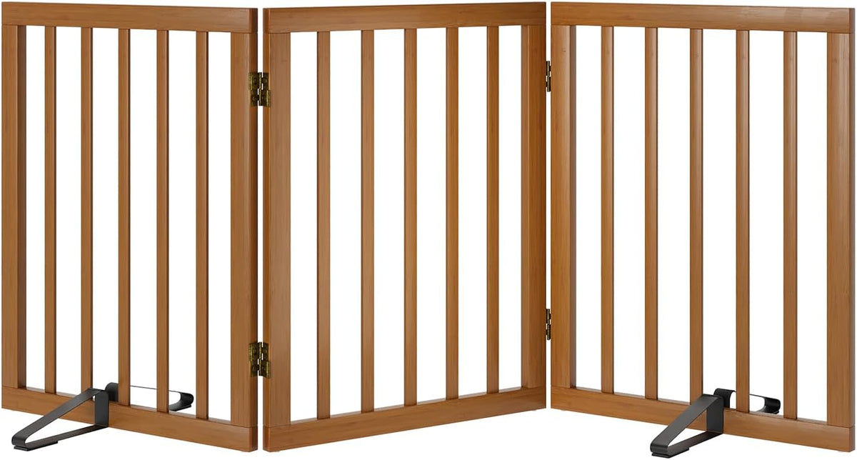 Freestanding Pet Gate Foldable Dog Gate (55 inches Wide) Walnut Bamboo Dog Gates for Stairs