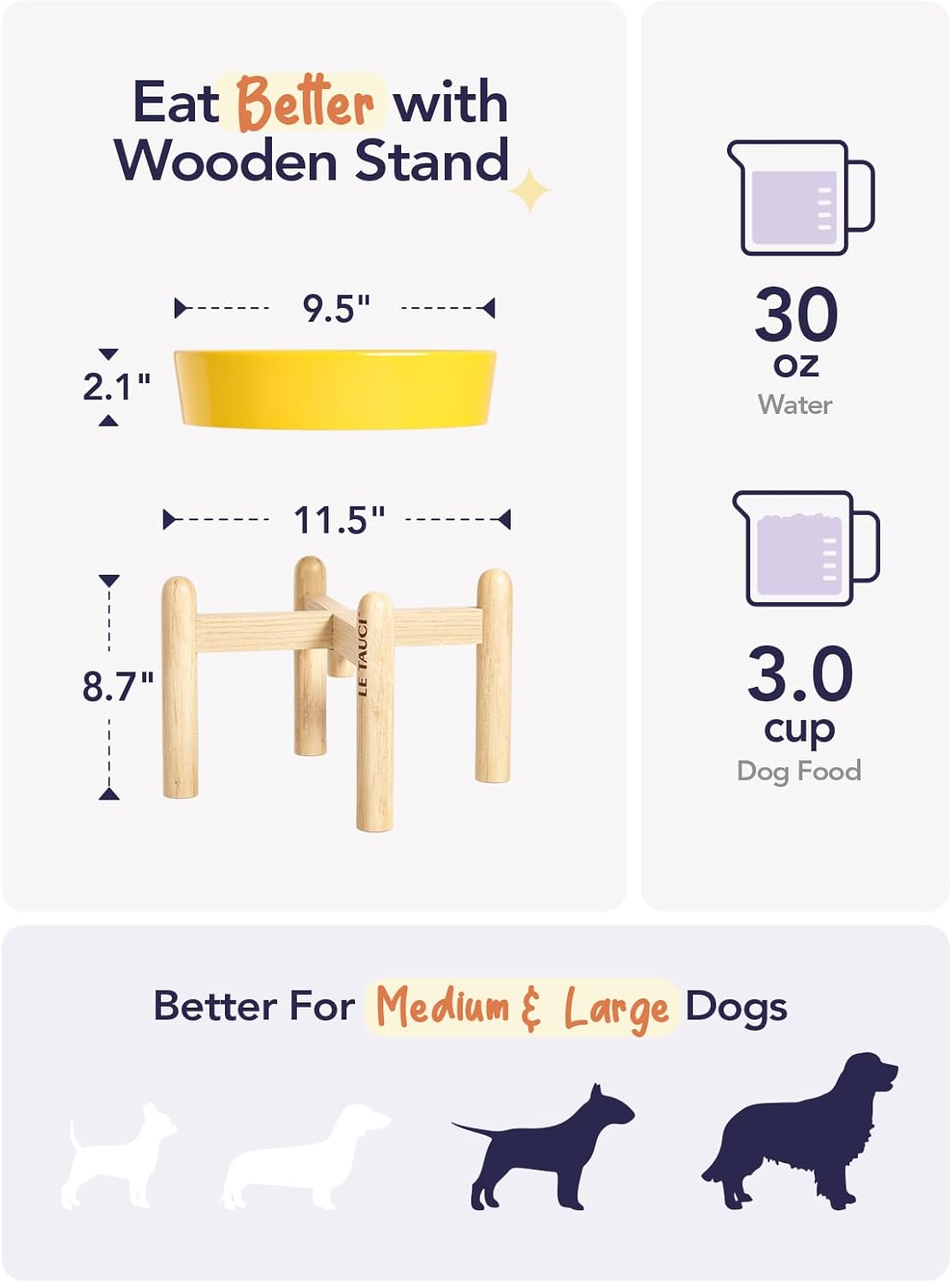 LE TAUCI Ceramic Slow Feeder Dog Bowls Elevated, 3 Cup Raised Bowl with Wooden Stand for Medium
