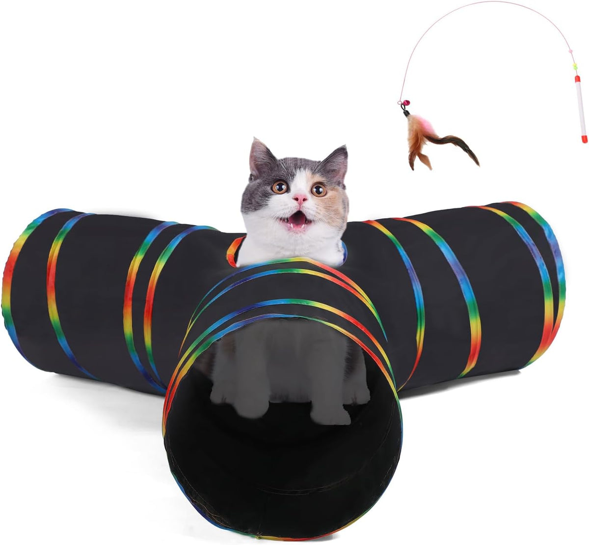 LUCKITTY Cat Tunnels Tube Toy with Plush Ball & Cat Wand Feather Toys-Portable Tattaff Waterproof