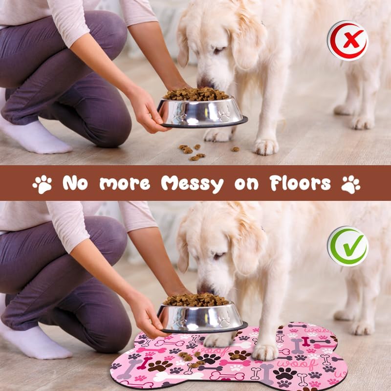 Dog Food Mats for Floors Waterproof, Pet Feeding Absorbent Water Bowl Mat Cat Placemats Pink Bone