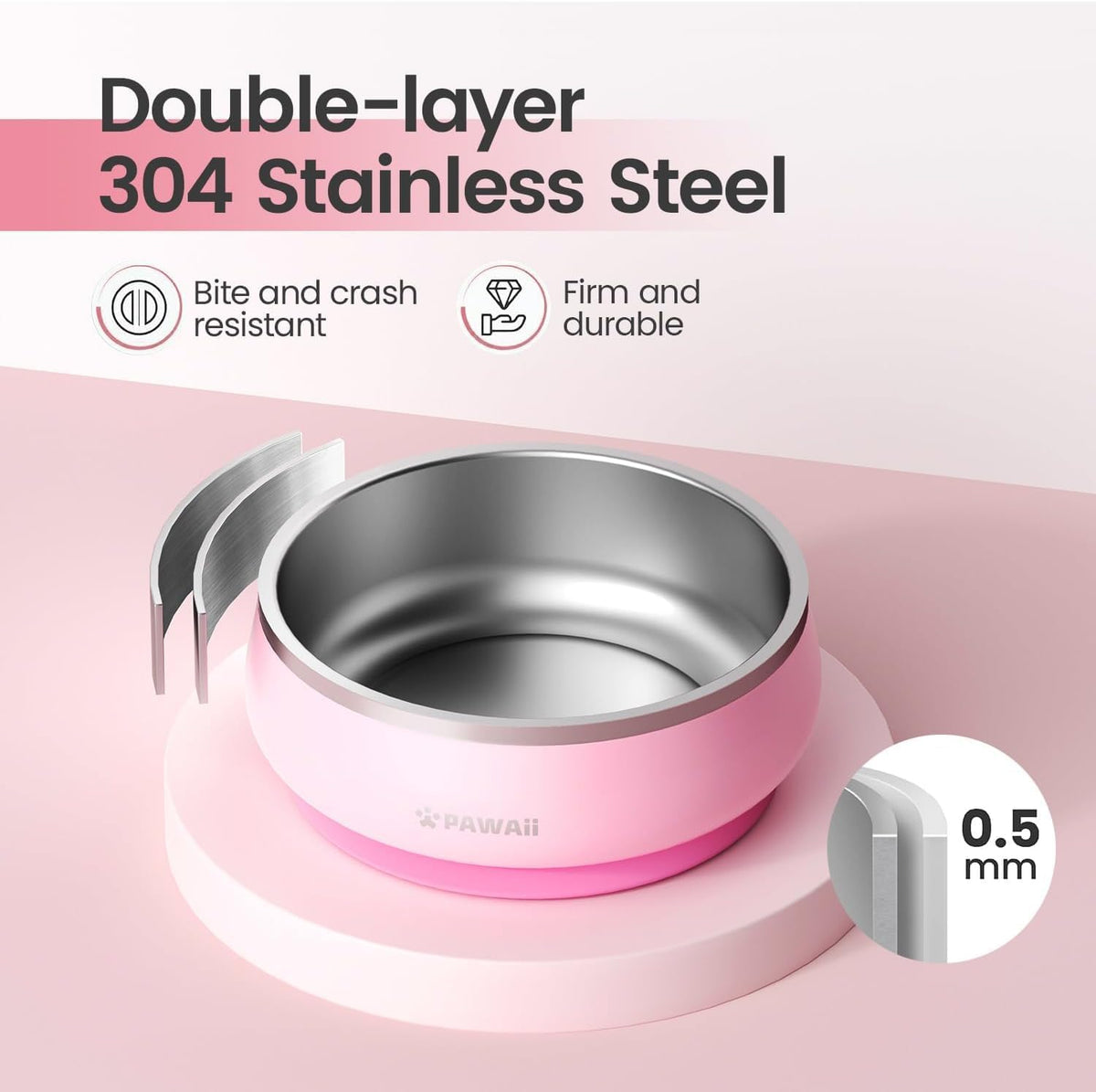 Pawaii Insulated Stainless Steel Dog Bowl with Non-Slip Base & Double Wall Design, ID Tag Included