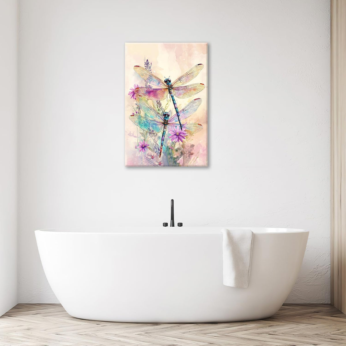 Dragonfly Bathroom Pictures Wall Art, Floral Bathroom Wall Decor, Framed Painting Canvas Artwork