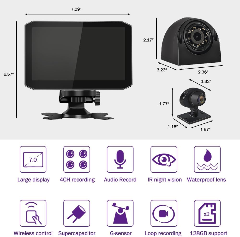VSYSTO 4CH Truck Dash Camera System DVR Recorder Waterproof Backup Camera Front&Sides&Rear VGA for