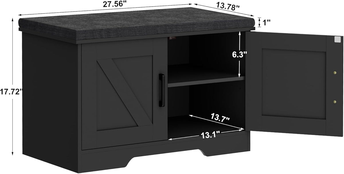 2-Tier Storage Bench, Shoe Bench with Padded Seat Cushion, Entryway Bench with 2 Barn Doors