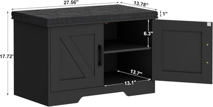 2-Tier Storage Bench, Shoe Bench with Padded Seat Cushion, Entryway Bench with 2 Barn Doors