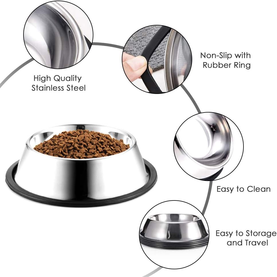 Stainless Steel Dog Bowls, 1.5 Cup/12oz Cat Bowl Water and Food with Rubber Base, Pet Bowls for