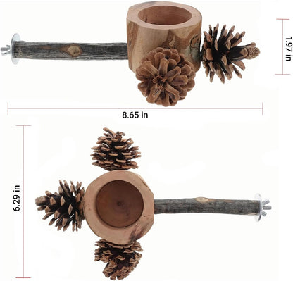 Bird Perch with Safe Bowl Wood & Pinecones - Bird Toys Chew Toys 100% Natural & Durable for