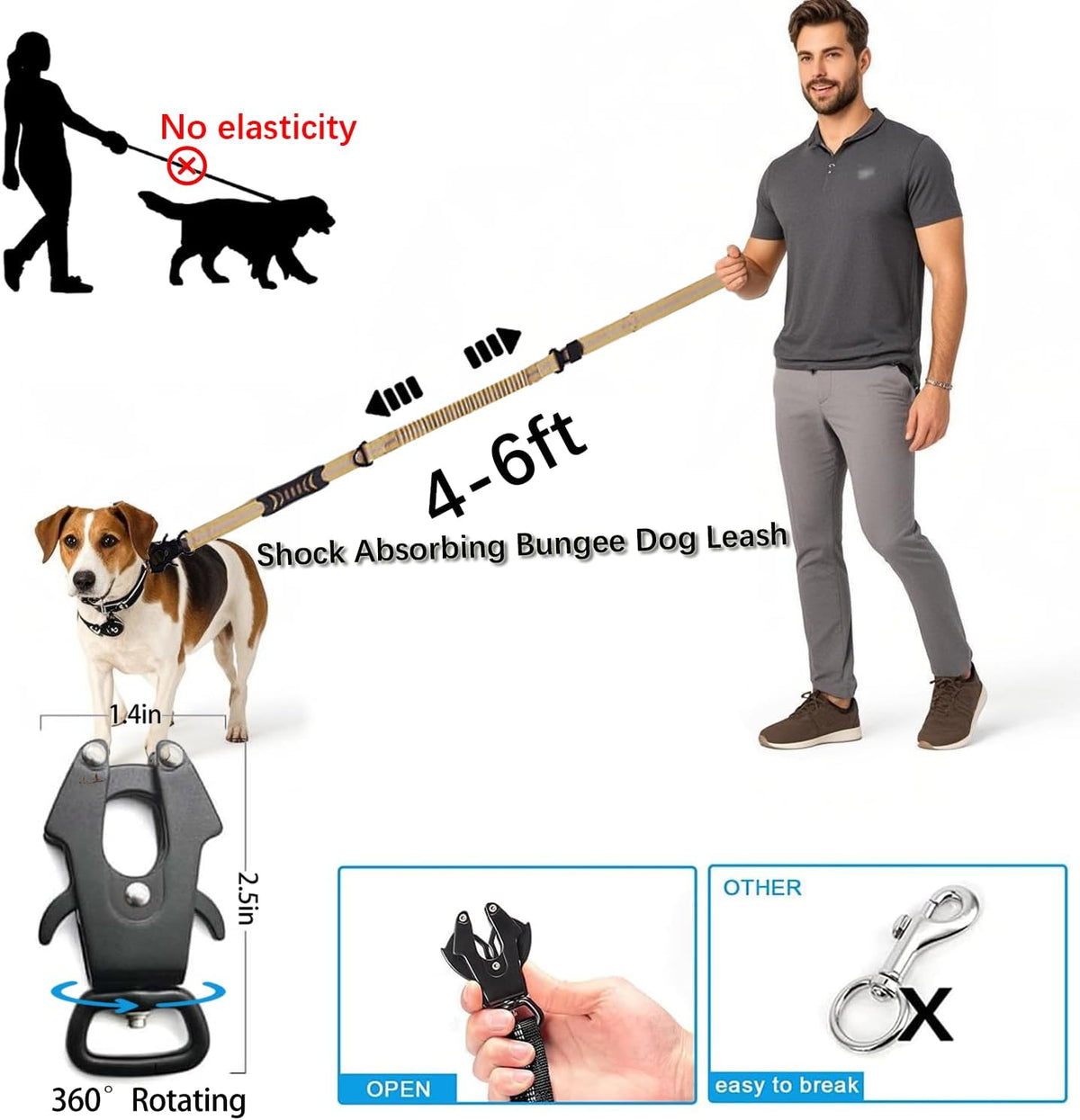 Heavy Duty Tactical Bungee Dog Leash, 4-6FT Shock Absorbing Tactical Leash with 2 Padded Handles