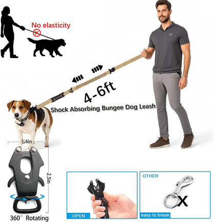 Heavy Duty Tactical Bungee Dog Leash, 4-6FT Shock Absorbing Tactical Leash with 2 Padded Handles
