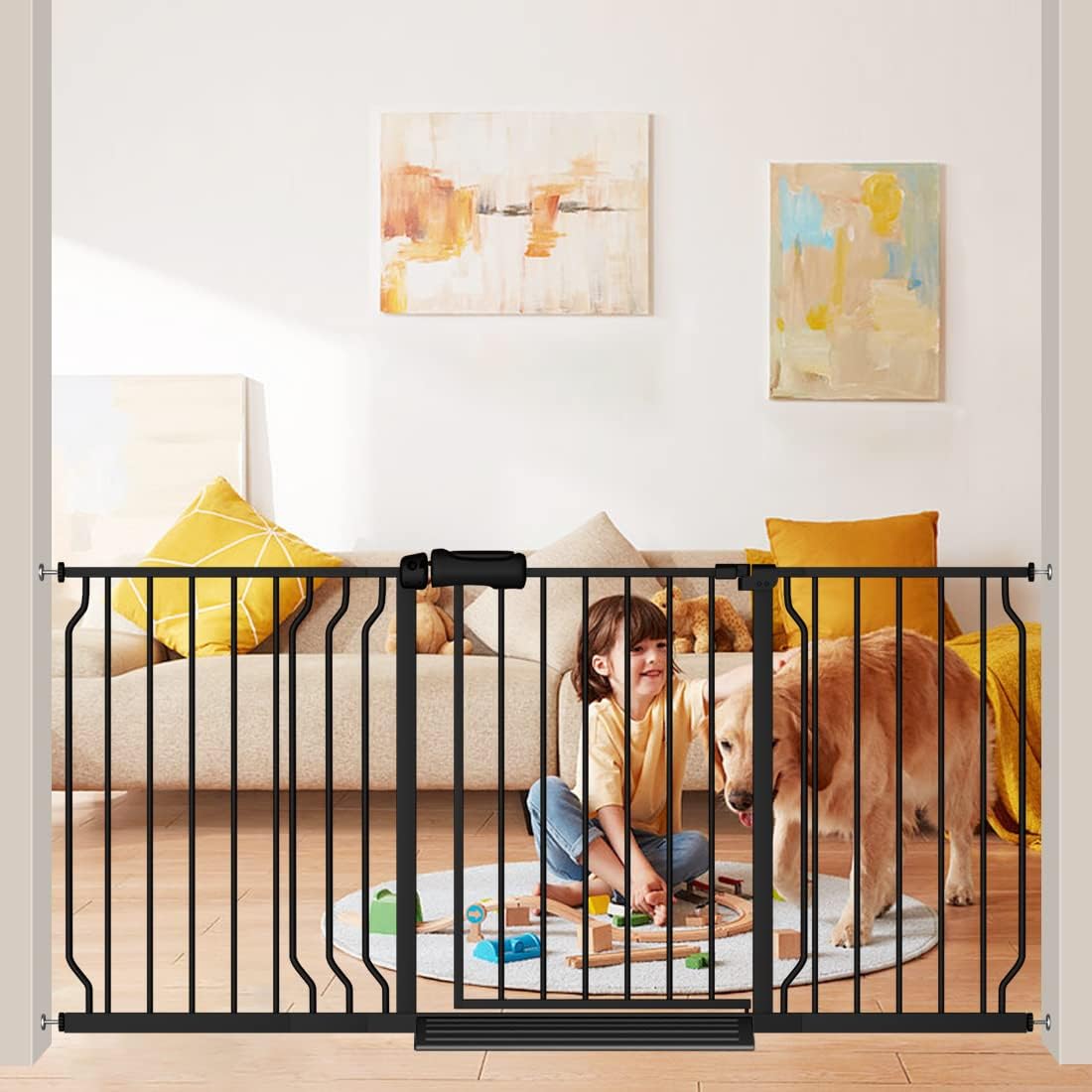 Extra Wide Baby Gate Black 62-67 Inch Wide Pressure Mounted Auto Close Child Safety Gate Long Dog