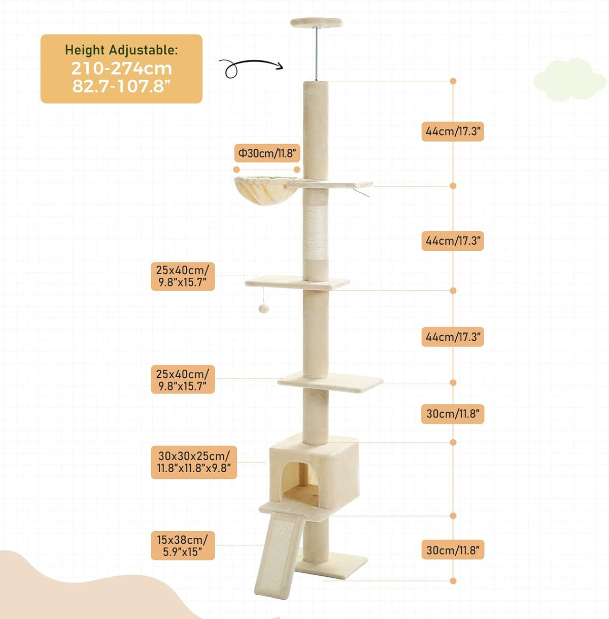 PEQULTI Floor to Ceiling Cat Tree, Tall Cat Tower, Adjustable Height (83''-108'') 5 Levels Climbing