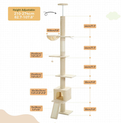 PEQULTI Floor to Ceiling Cat Tree, Tall Cat Tower, Adjustable Height (83''-108'') 5 Levels Climbing