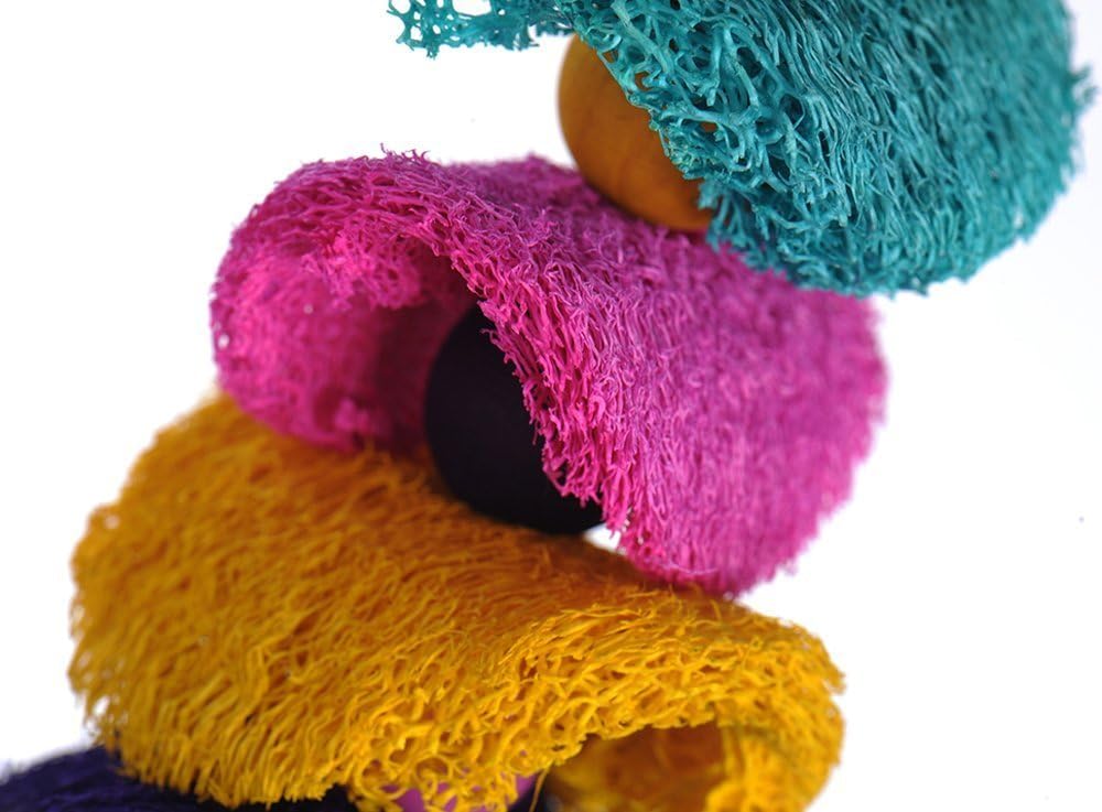 Hypeety Bird Toys Parrot Hanging Chew Toys Natural Colorful Loofah Shred and Preen Swing Bird Bell