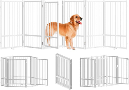 Full Metal Freestanding Dog Gate with Door, 32''Height Foldable Pet Dog Fence for Indoor & Outdoor