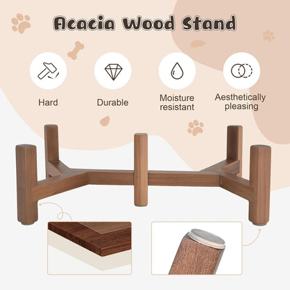 SPUNKYJUNKY Ceramic Elevated Dog Bowl Set with Acacia Wood Stand for Food and Water for Cats and