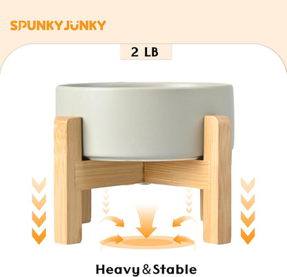 SPUNKYJUNKY Ceramic Elevated Dog Bowls 2 Pack - 6.1inch Raised Dog Bowls with Non-Slip Wooden Stand