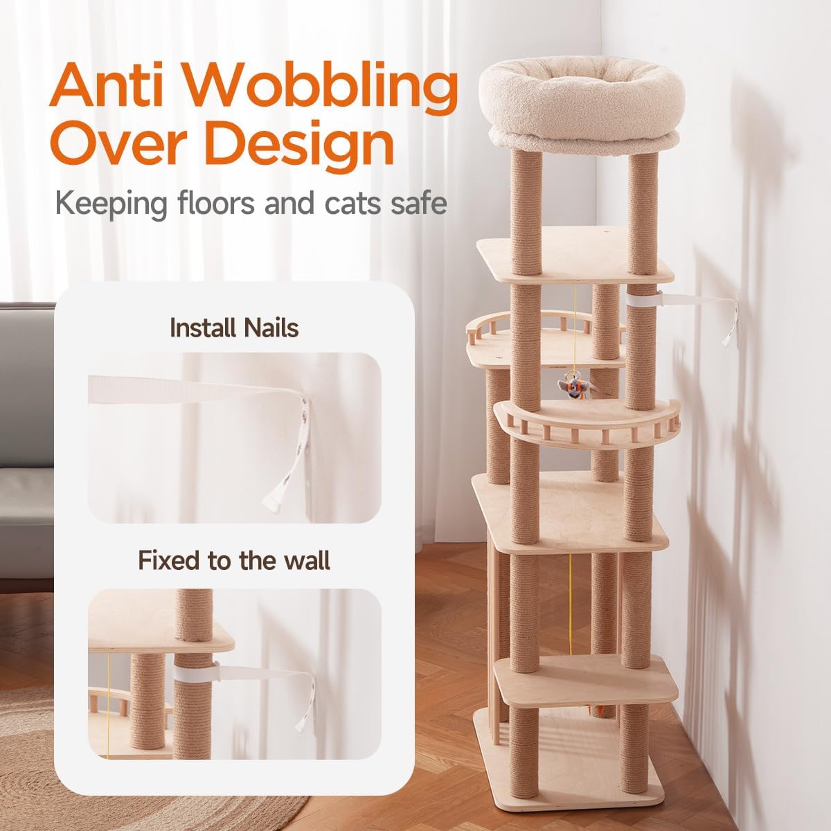 68" Large Cat Tree, Solid Wood Multi-Level Cat Tower with Scratching Posts, Fun Toys, and Washable