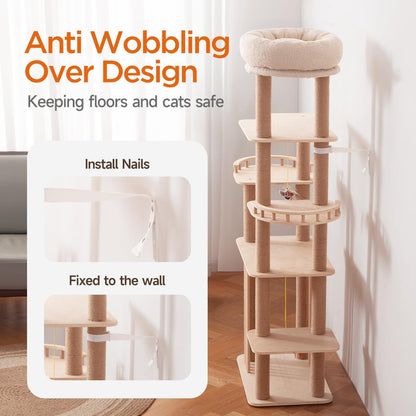 68" Large Cat Tree, Solid Wood Multi-Level Cat Tower with Scratching Posts, Fun Toys, and Washable