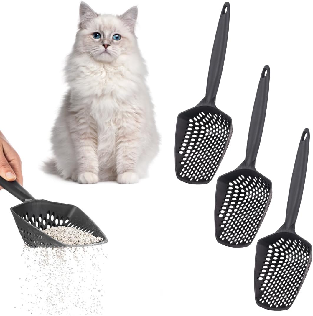 Set of 3 Cat Litter Scoop with Small Holes for Fine Litter, Hanging Handle Deep Reptile Terrarium